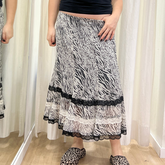 pietraluna 00s black white zebra print midi skirt with lace trim