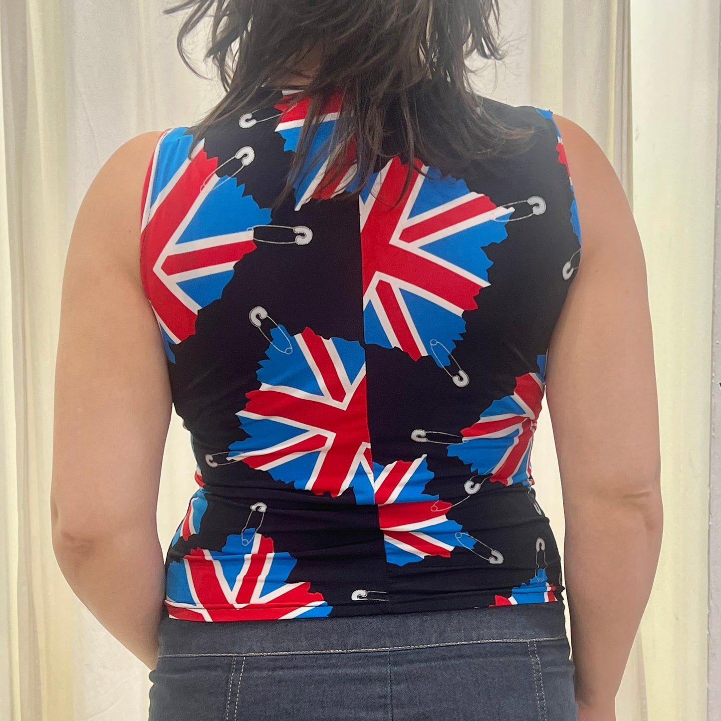 chichi's paris 00s black tank top with uk union jack flags and silver glitter safety pins