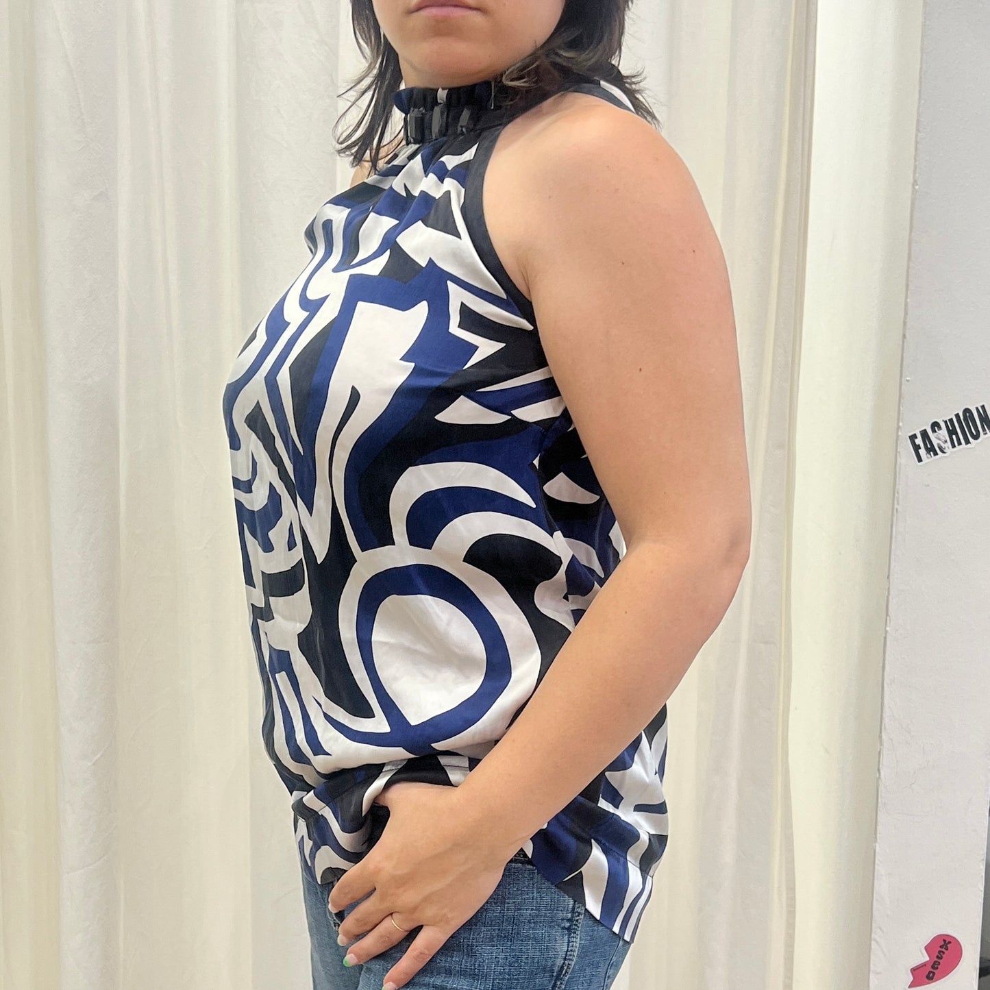 principles 00s black white navy geometric print silk halter top