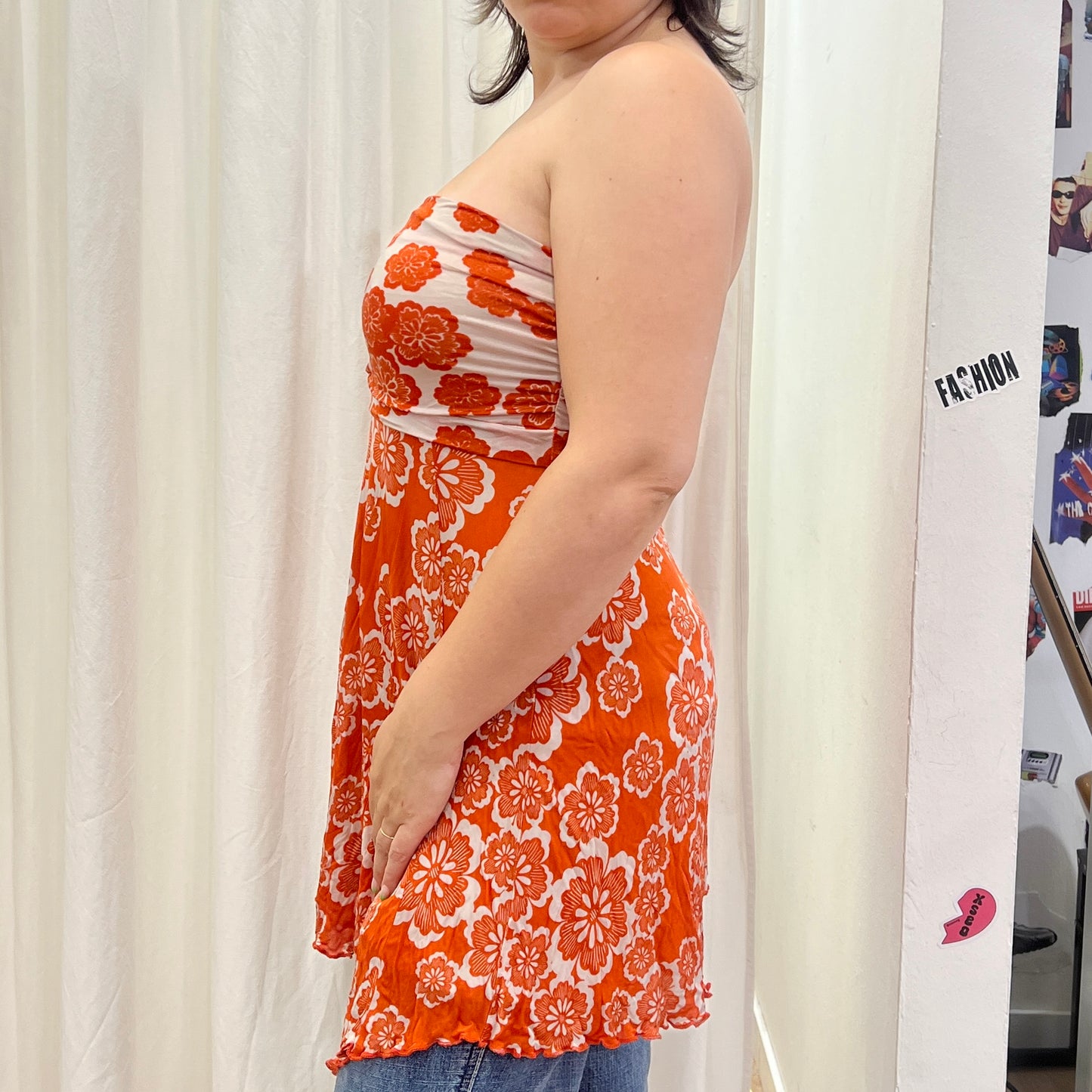 kookai 00s orange floral asymmetrical strapless minidress (also midi skirt?)