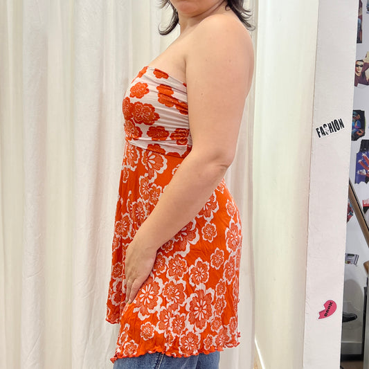 kookai 00s orange floral asymmetrical strapless minidress (also midi skirt?)