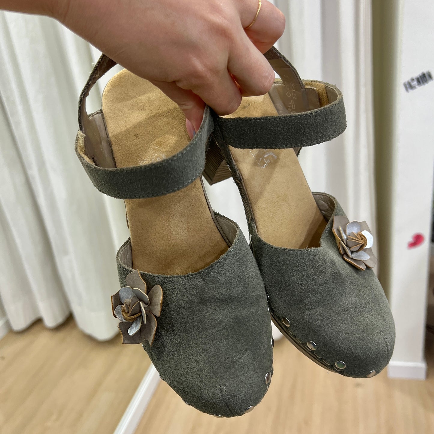 rieker 00s grey suede wooden clog heel sandals