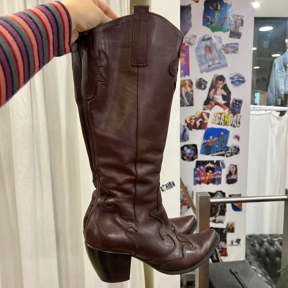 chocolate brown leather knee high western cowboy boots