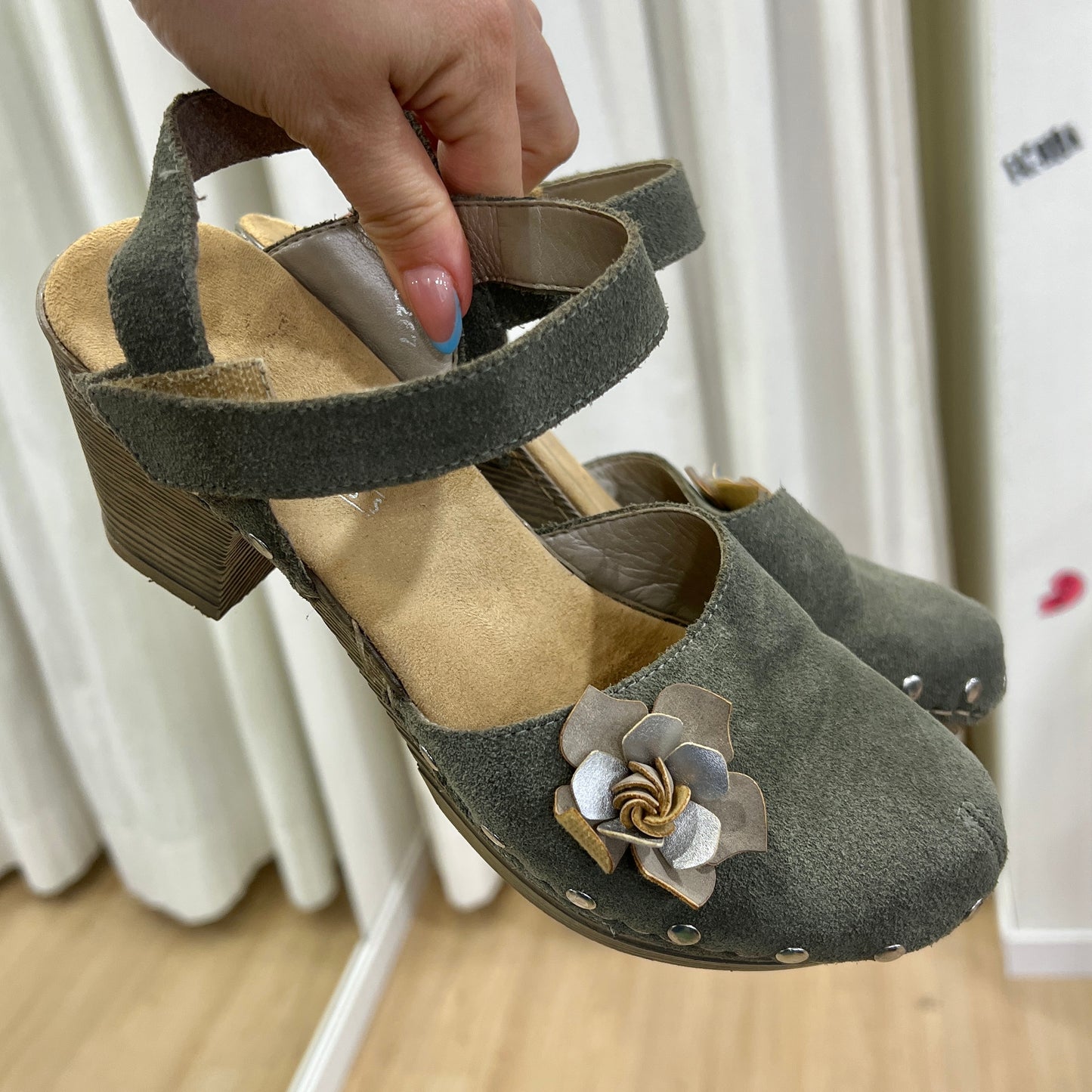 rieker 00s grey suede wooden clog heel sandals