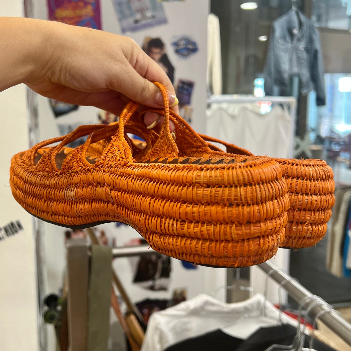 espace 00s orange woven raffia brown leather sandals