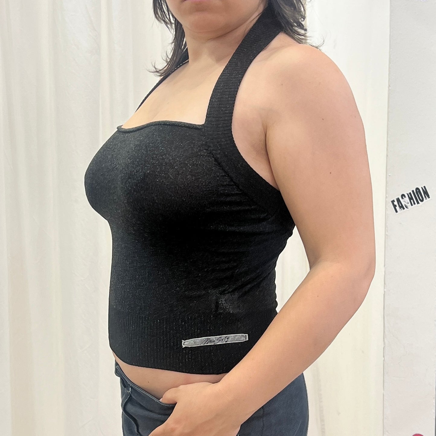 miss sixty 00s black crop halter top with silver metallic thread