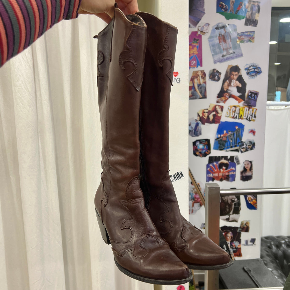 chocolate brown leather knee high western cowboy boots