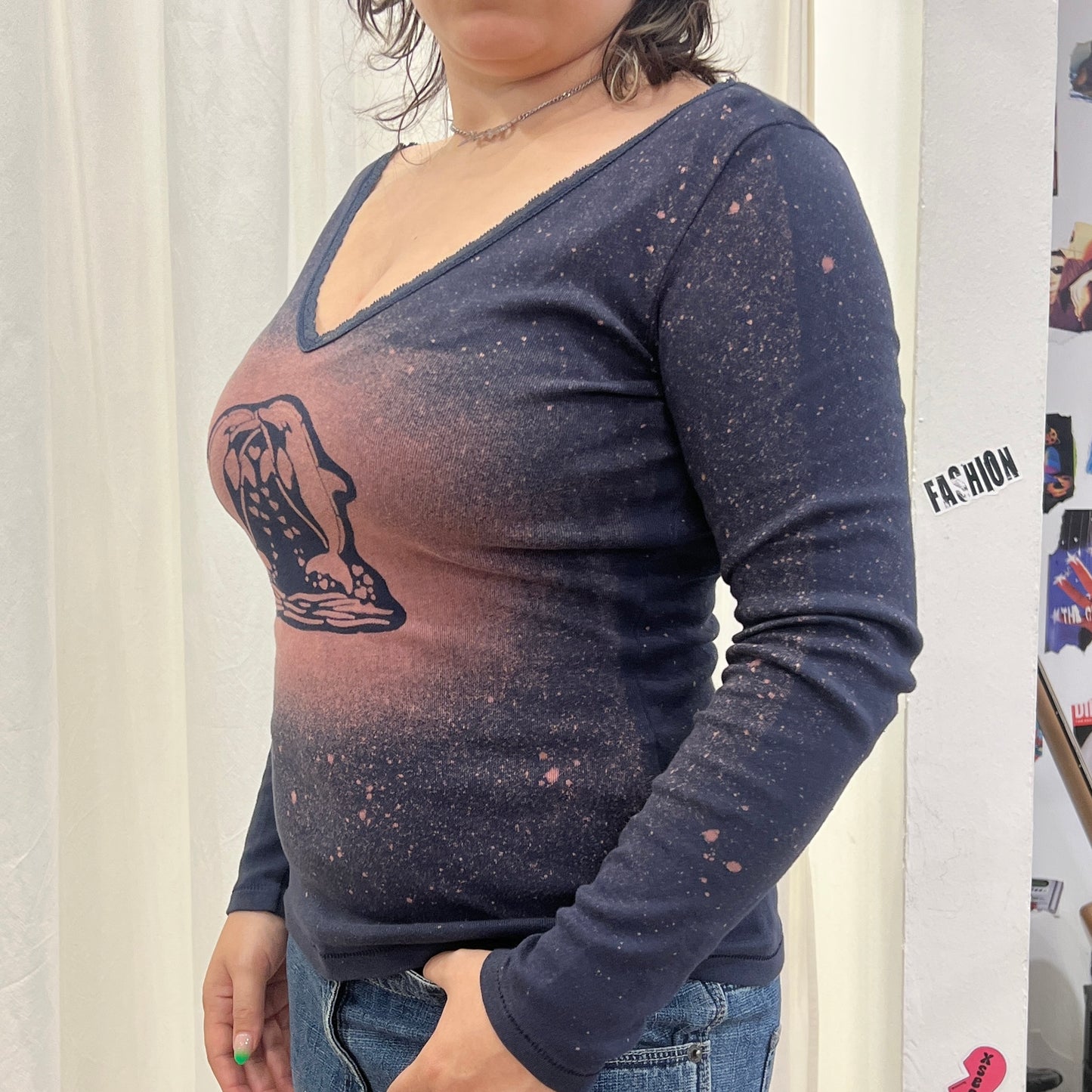 reworked navy blue long sleeve top with dolphin bleach print