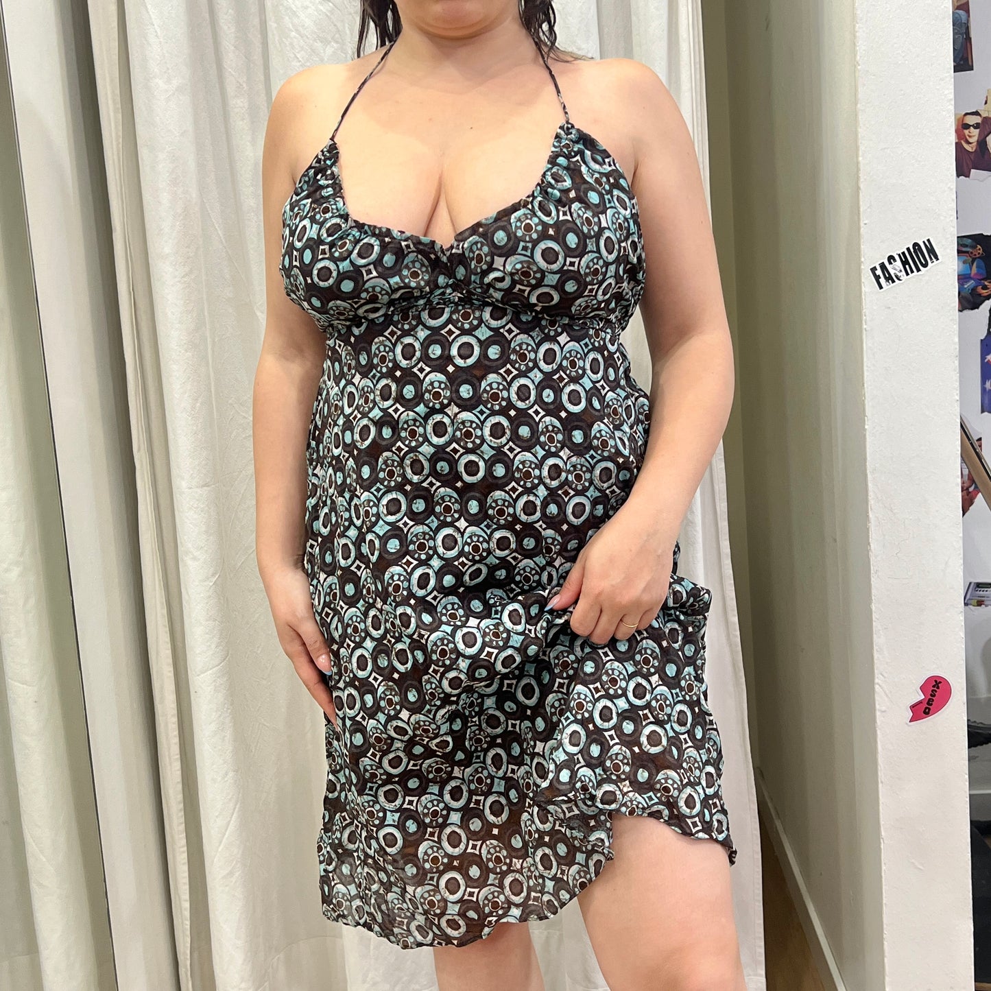 motivi 00s brown turquoise geometric print summer halter dress