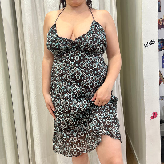 motivi 00s brown turquoise geometric print summer halter dress
