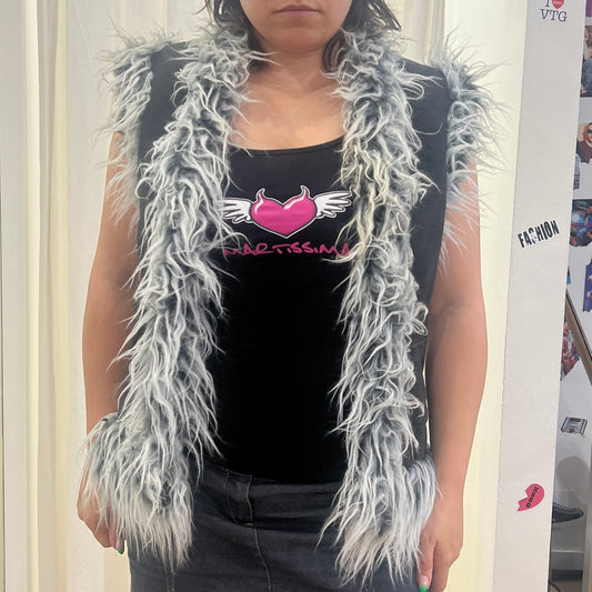 diva 00s black faux suede vest with faux fur grey trim