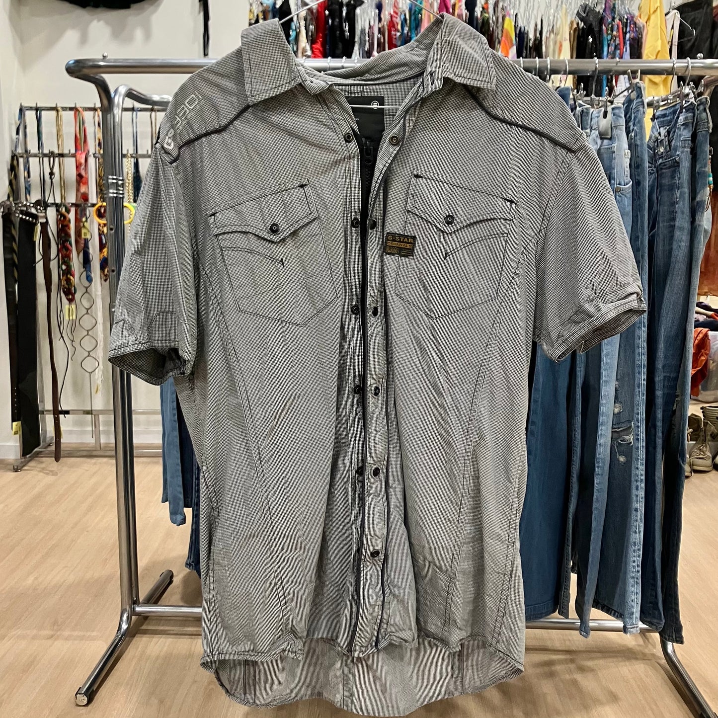 g star 00s black white micro gingham cargo short sleeve shirt