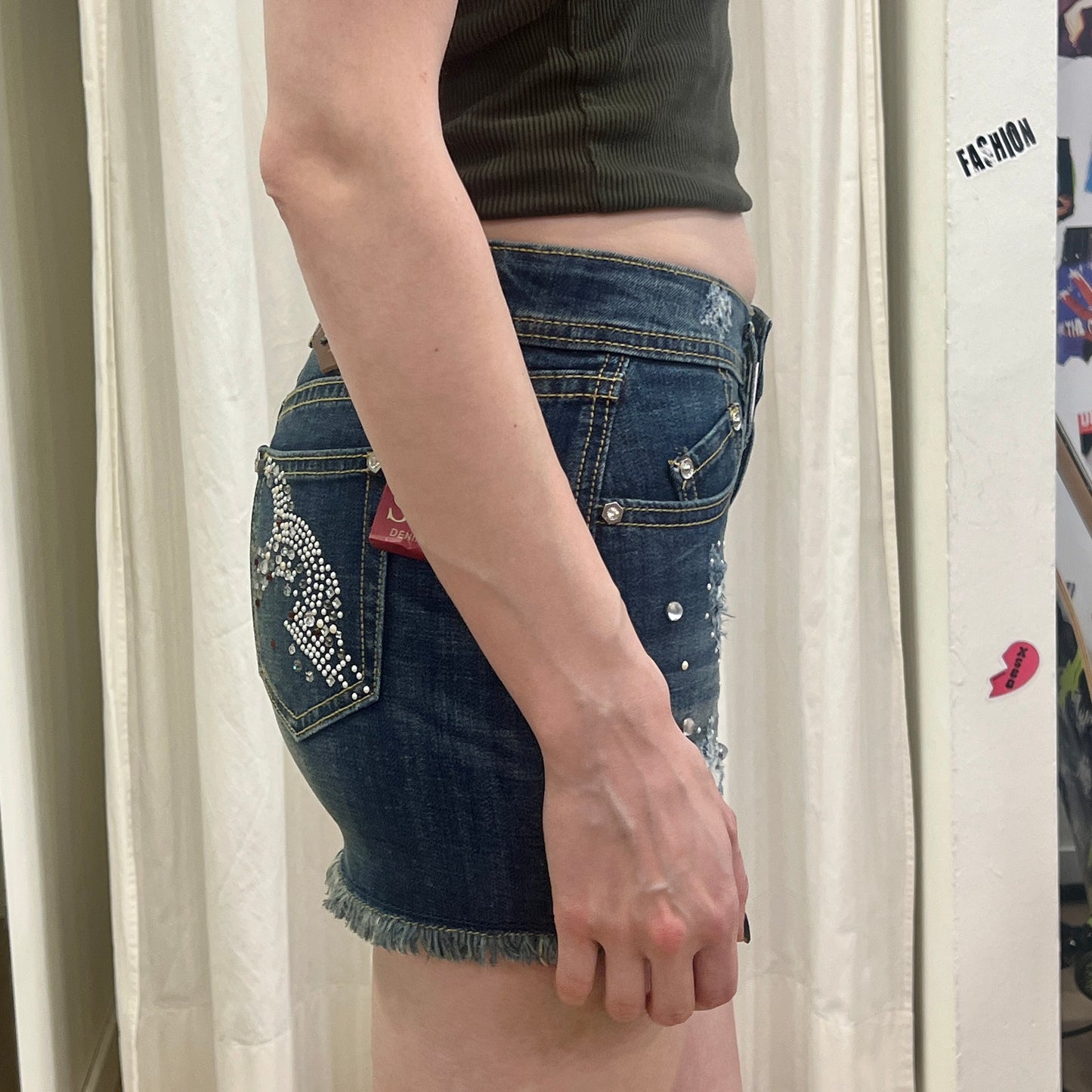 eighth sin 00s distressed dark wash mini skirt with pearls and secret inside pocket