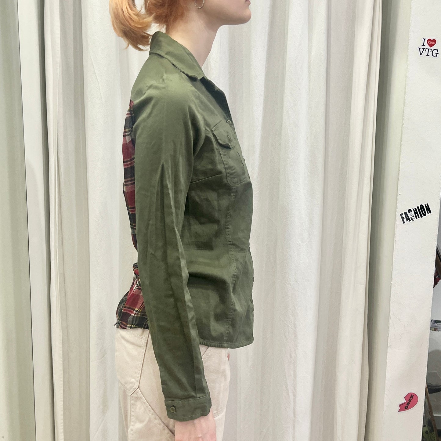 massimo rebecchi 00s army green shirt with sheer red checkprint plaid back panel