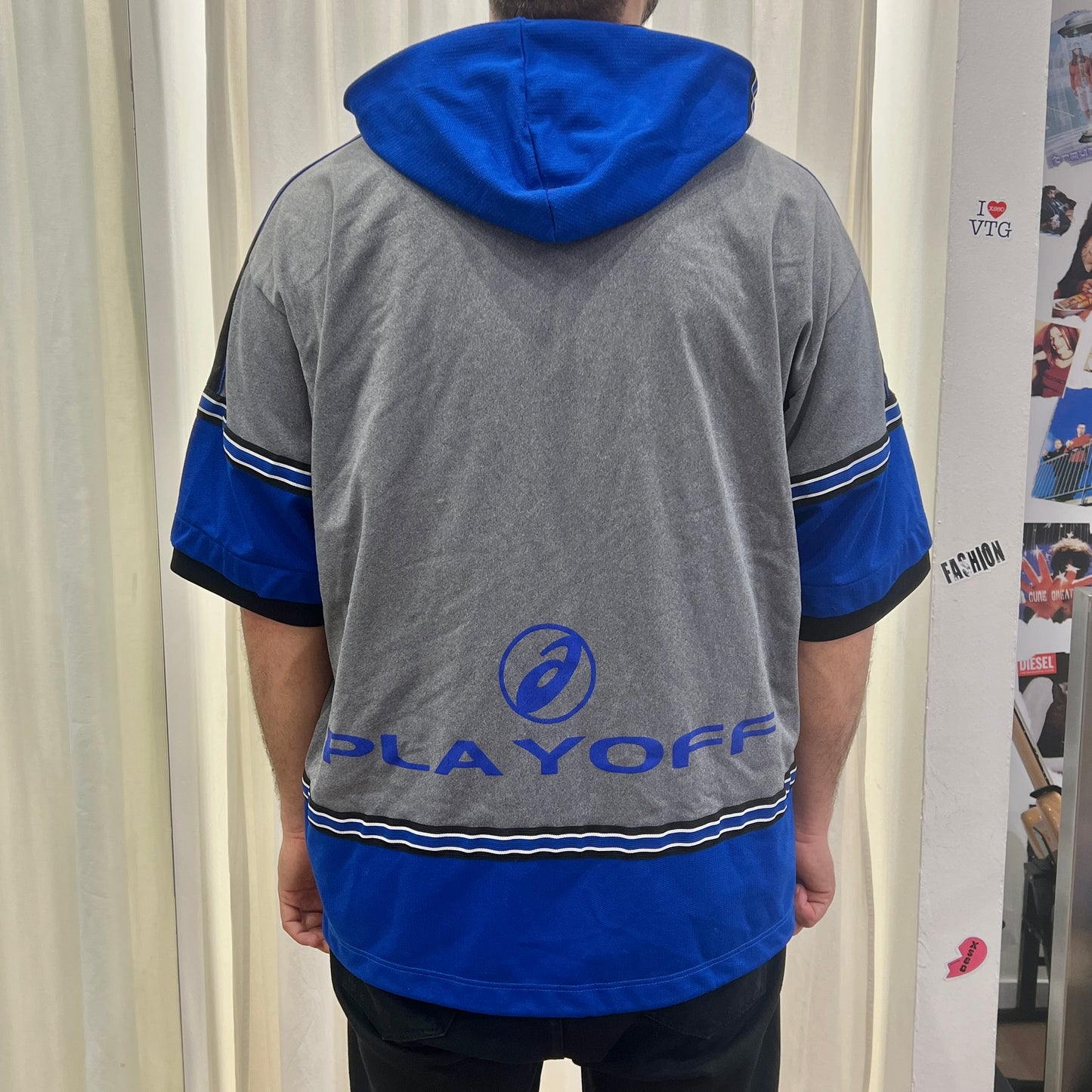 asics japan 00s grey blue short sleeve hoodie with removable hood