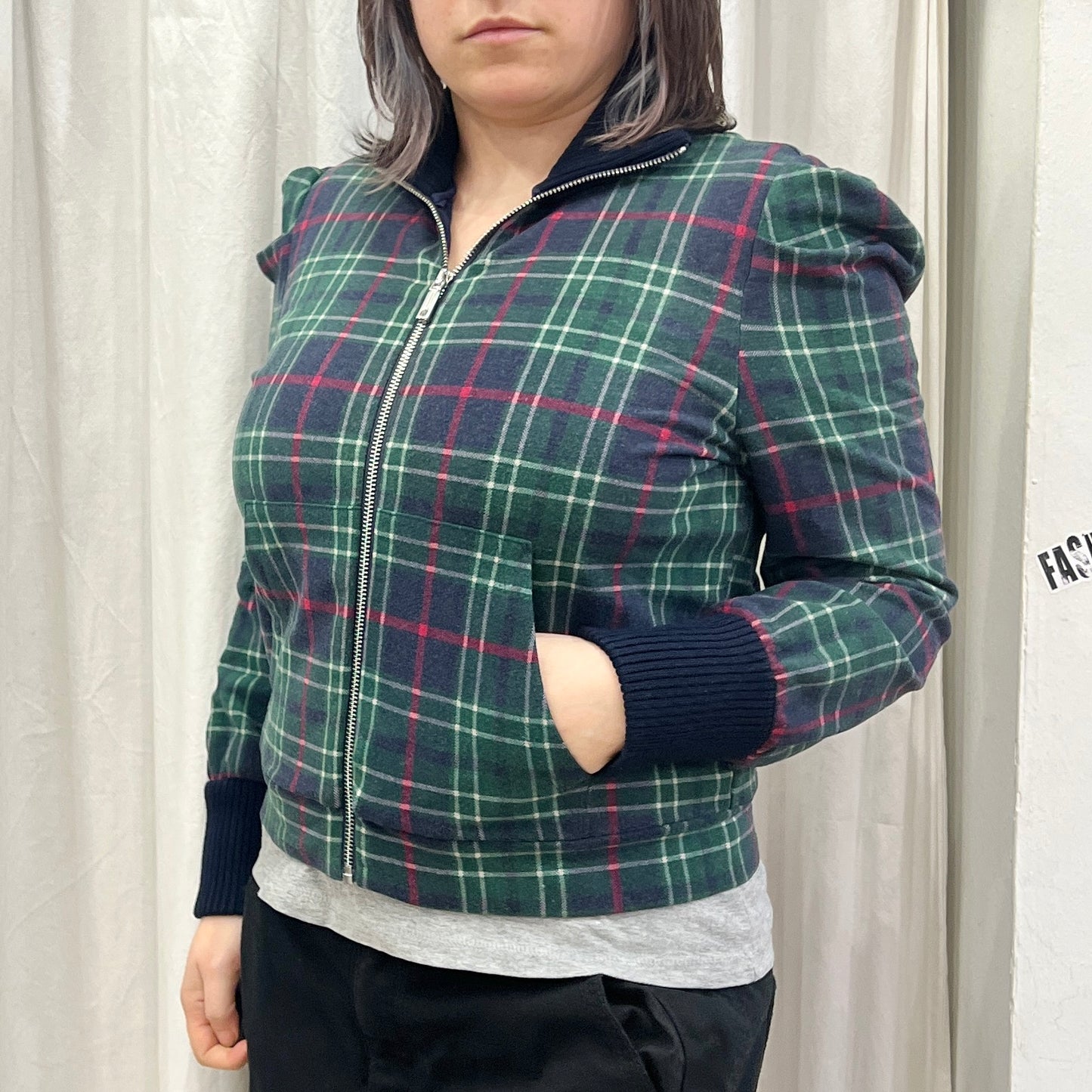 max&co '10s green navy plaid checkprint zip up jacket