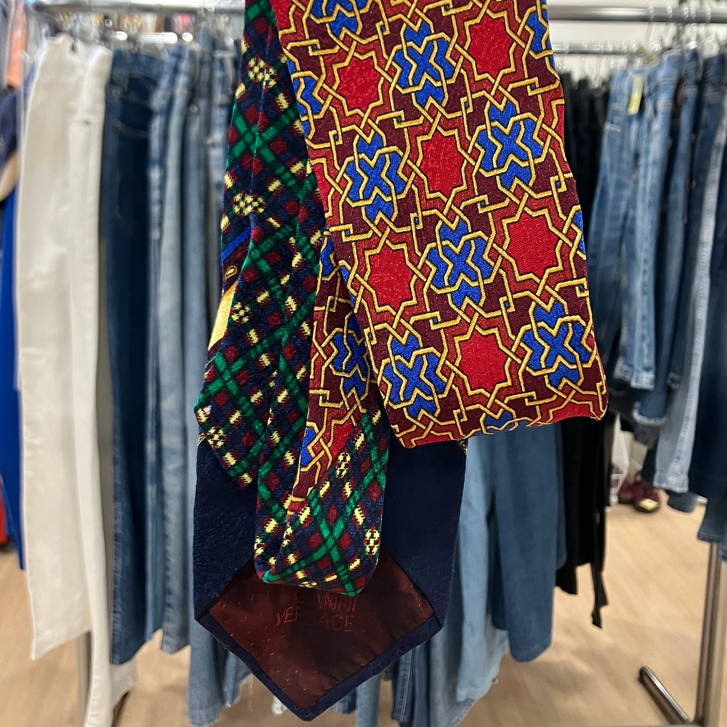 gianni versace 90s multicolor silk tie with geometric medusa print