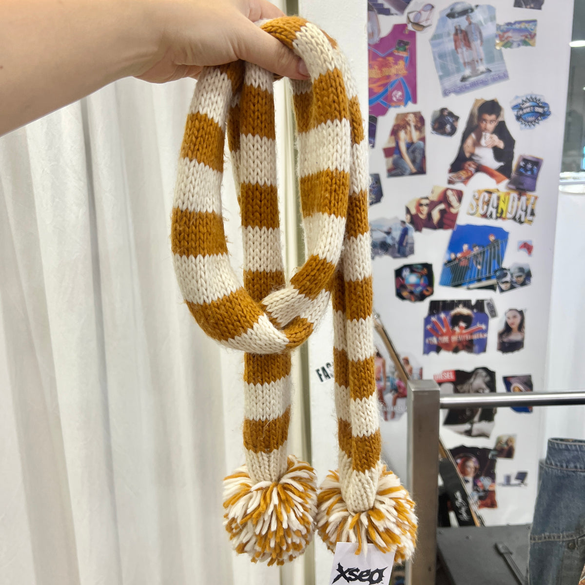 cream mustard striped knit skinny scarf with pompoms