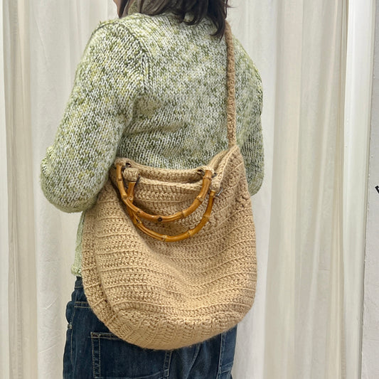 leopard 00s beige cotton crochet crossbody bag with bamboo handles