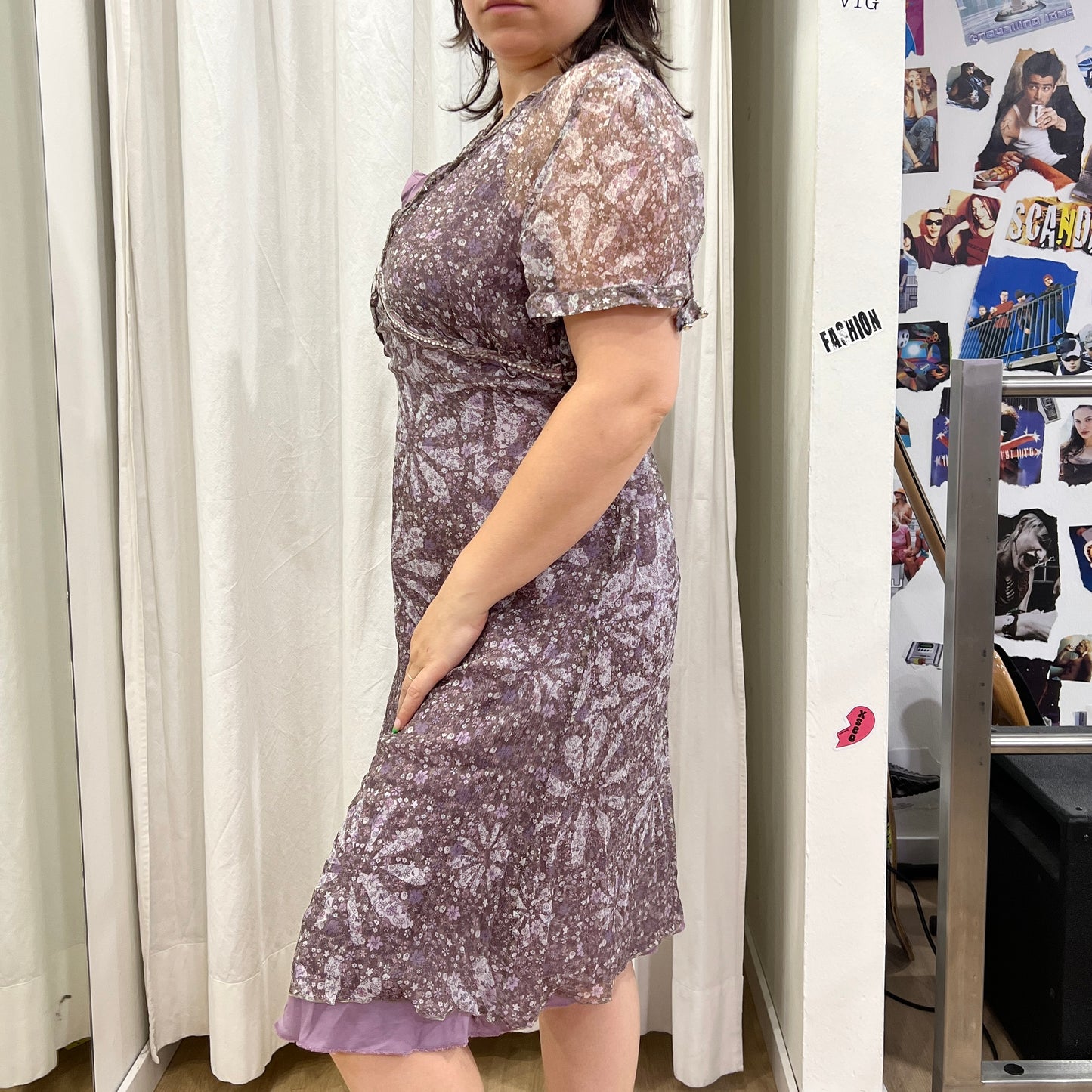 oltre 00s purple silk sheer floral short sleeve midi dress