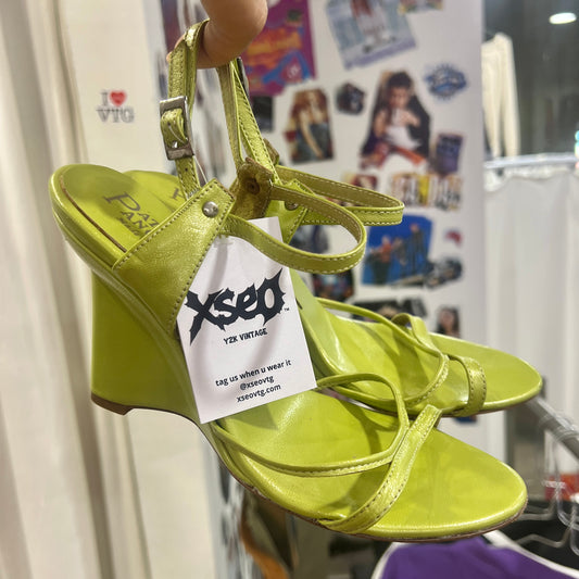 patrizia pancaldi 00s lime green leather flared heel sandals