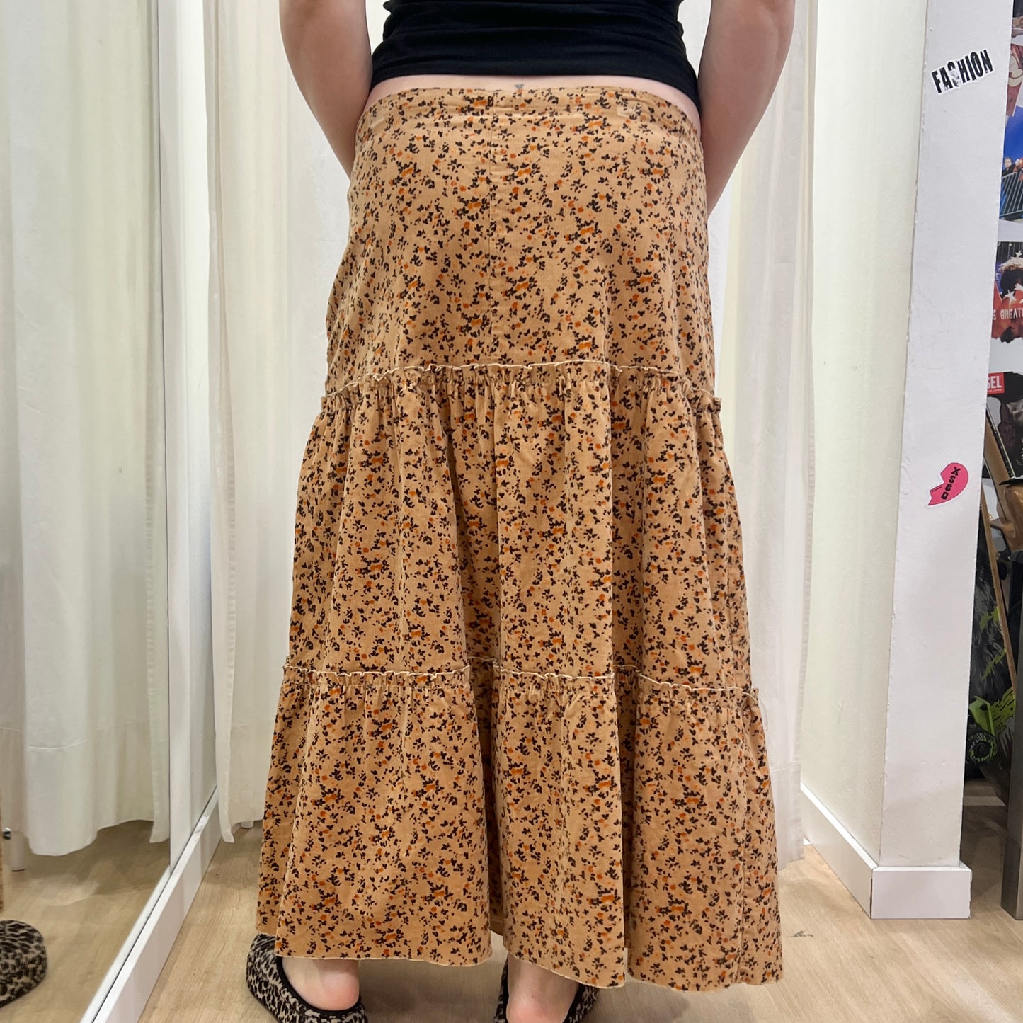 00s handmade tan corduroy velvet maxi skirt with floral print