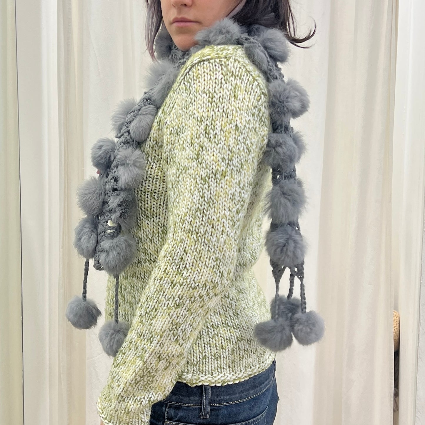 derhy kids 00s grey knit scarf with rabbit fur pompoms