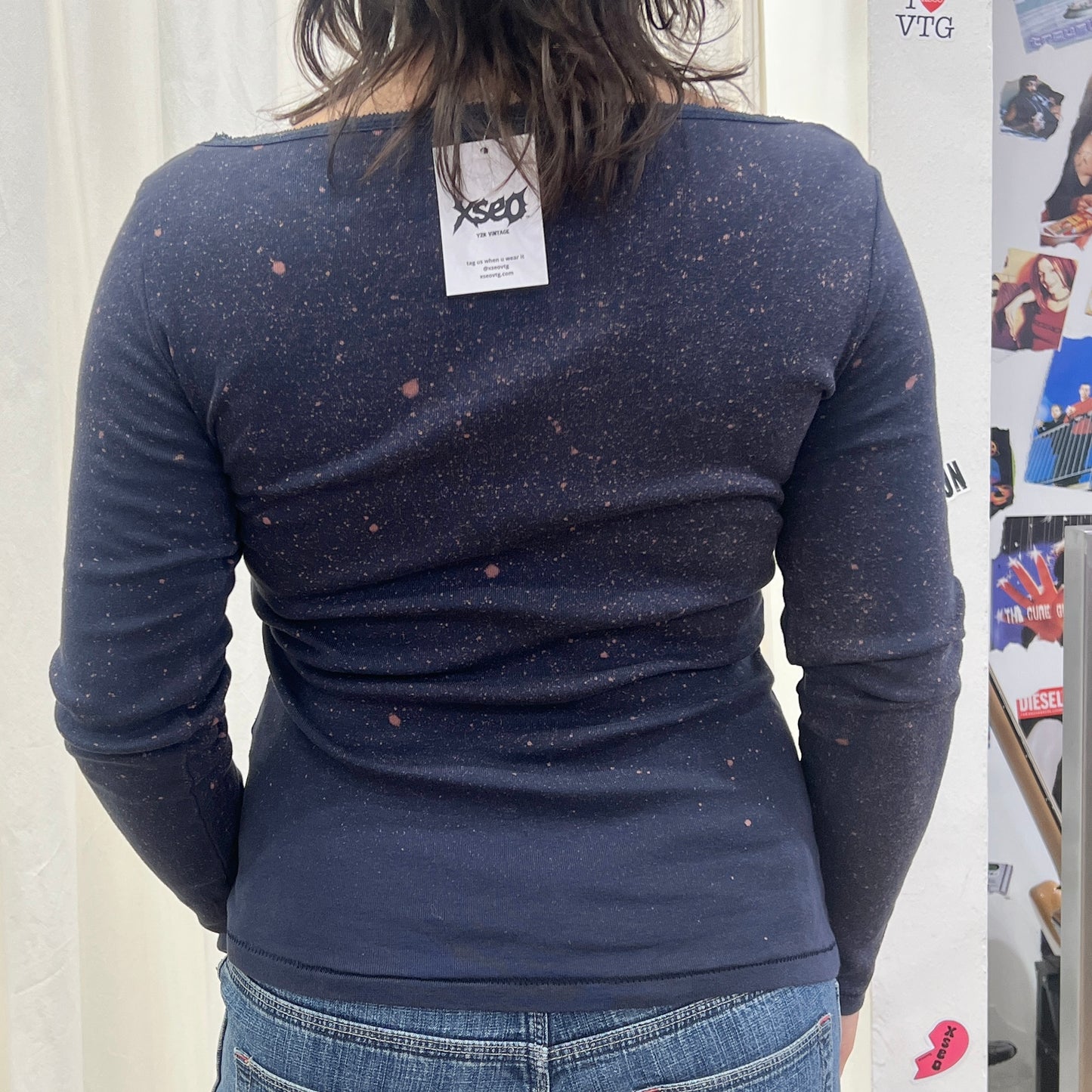 reworked navy blue long sleeve top with dolphin bleach print