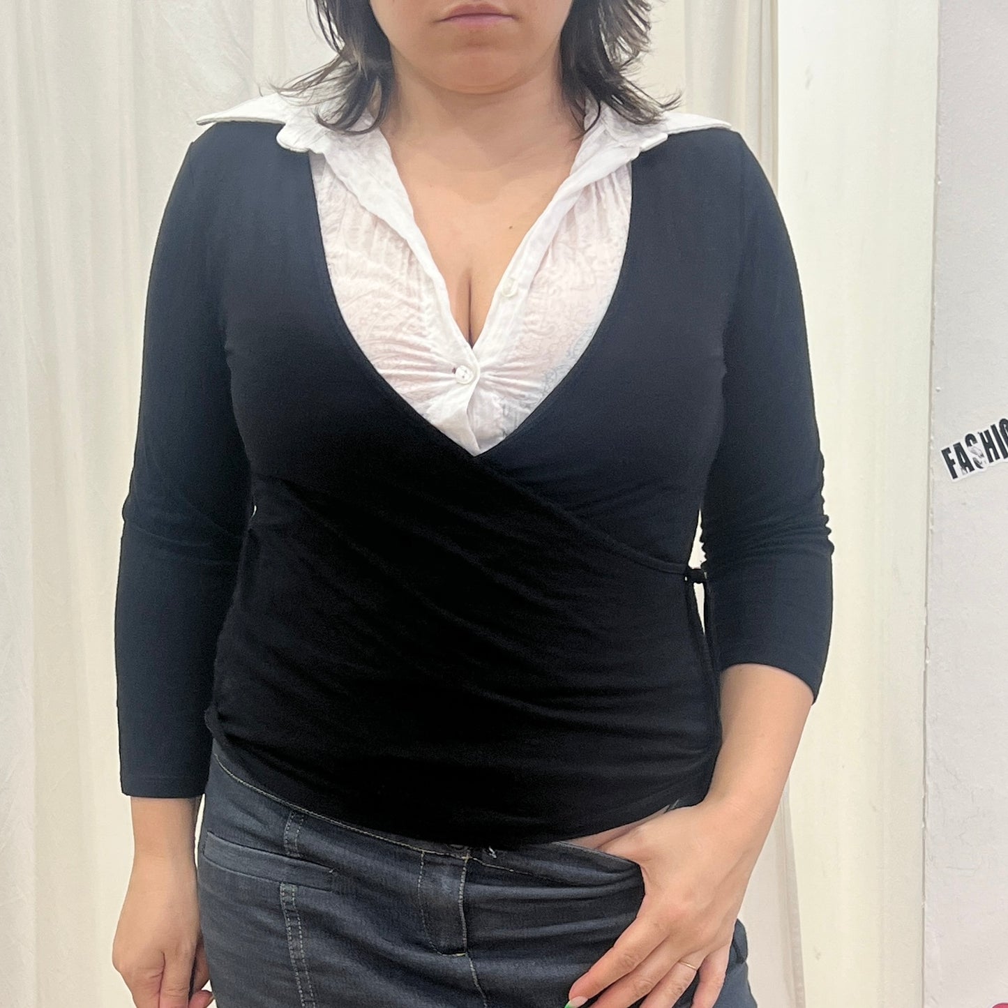 bernardi 00s black wrap around blouse with white shirt collar