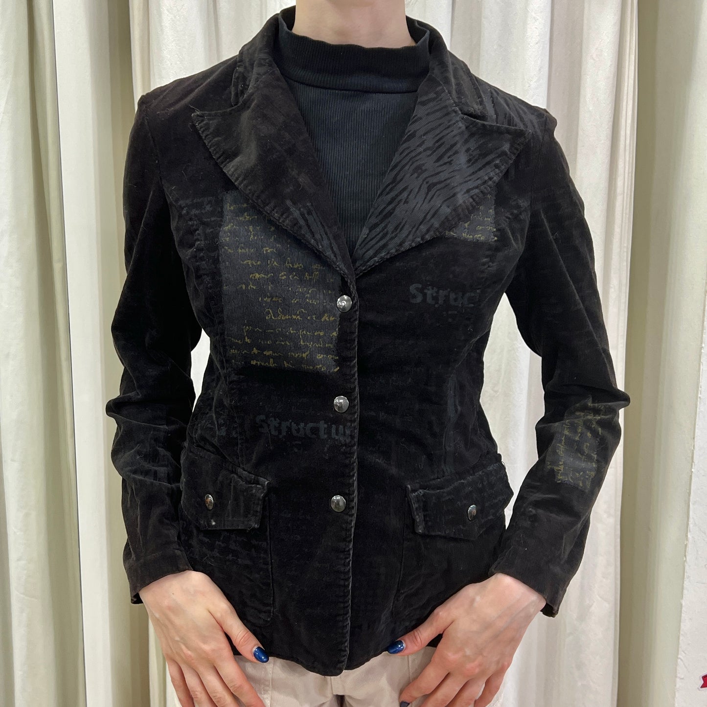 00s black corduroy blazer with grey writing