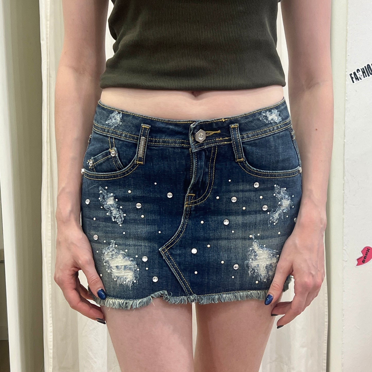 eighth sin 00s distressed dark wash mini skirt with pearls and secret inside pocket