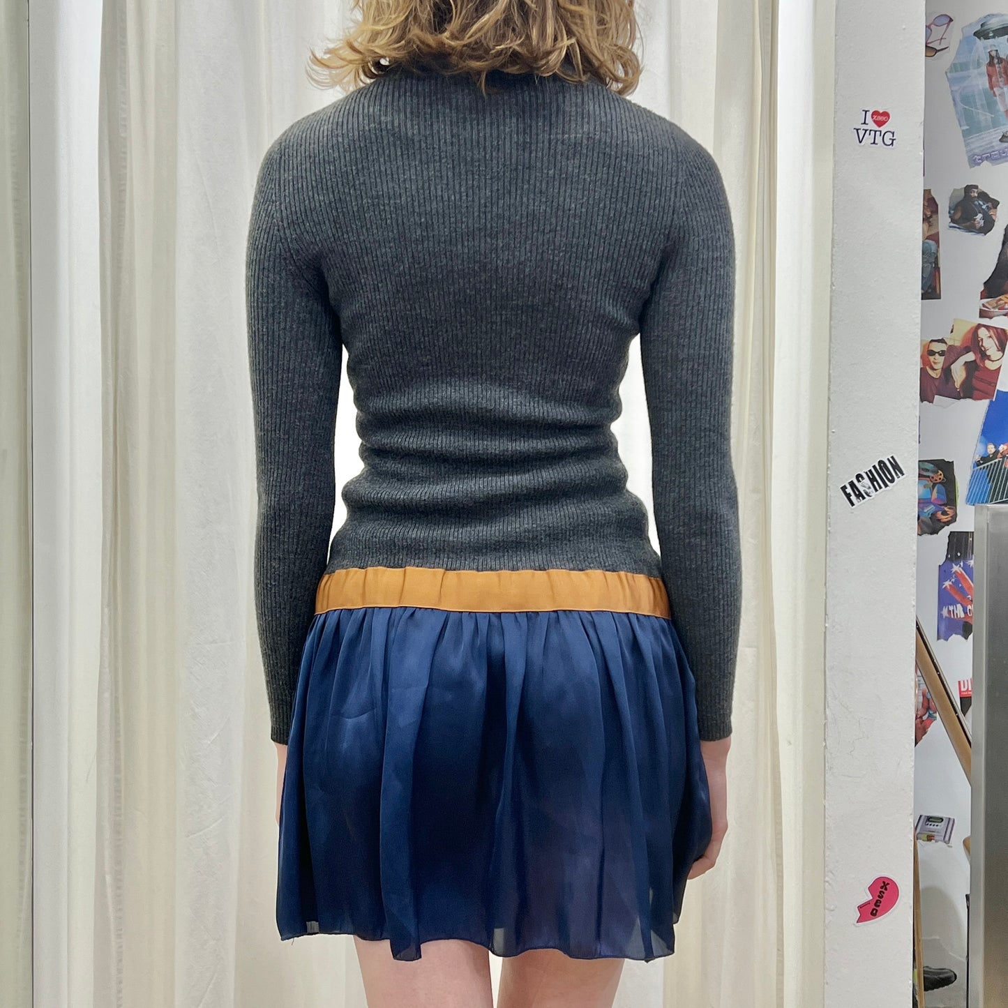 liu jo grey wool roll neck minidress with blue skirt and gold bow