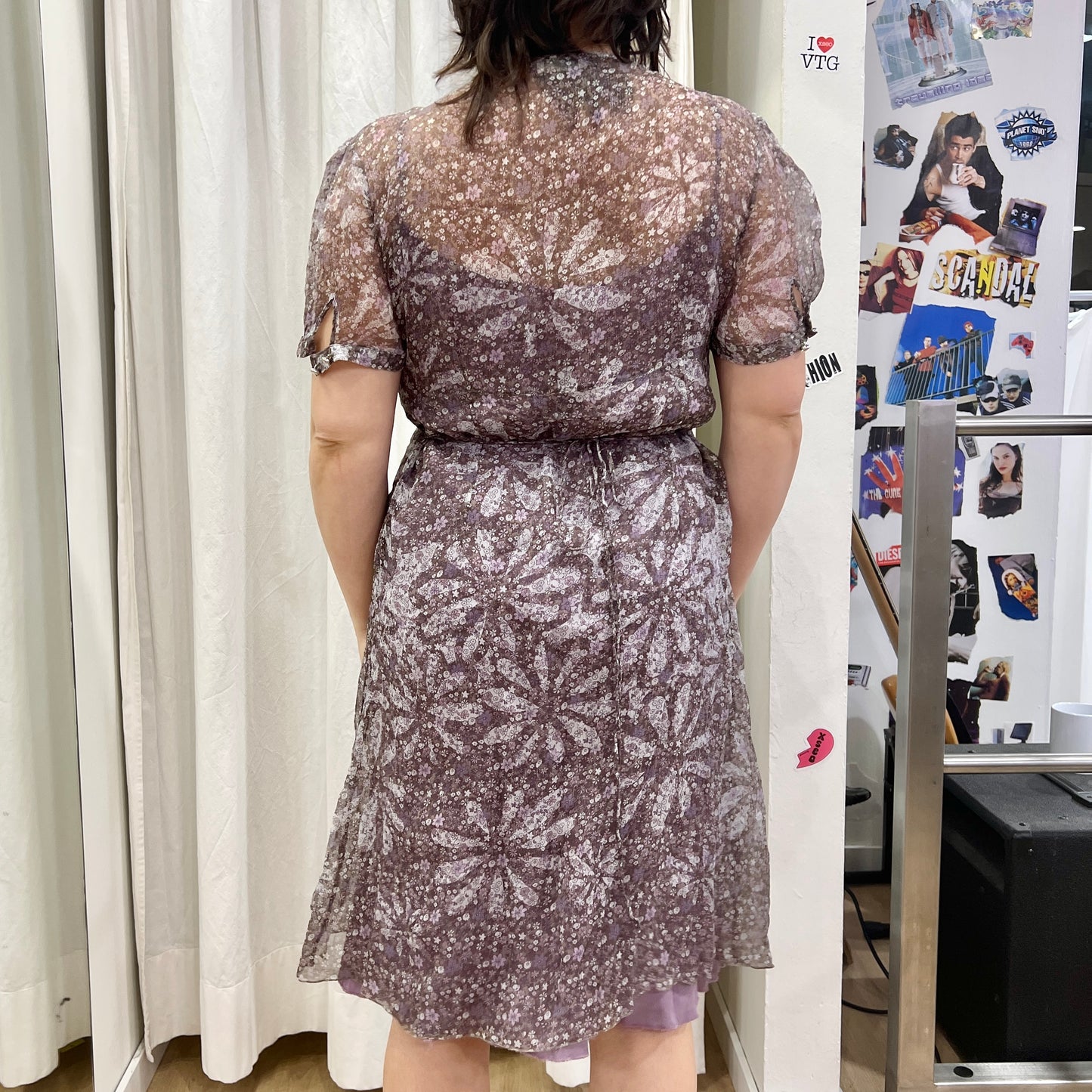 oltre 00s purple silk sheer floral short sleeve midi dress
