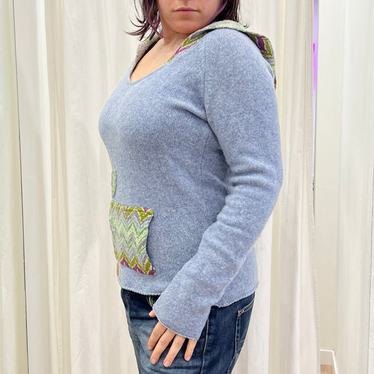free people 00s light blue wool sweater with front pocket and hood