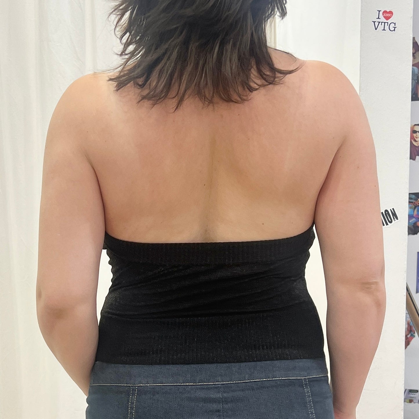 miss sixty 00s black crop halter top with silver metallic thread