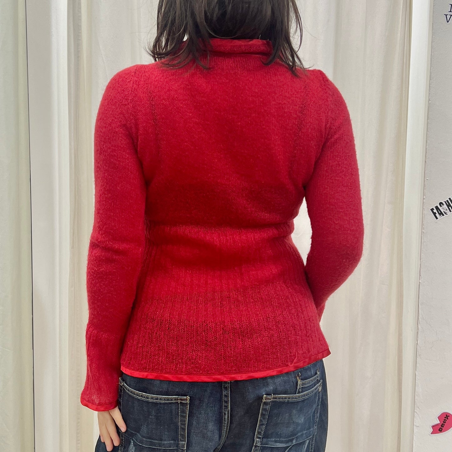 mariella burani 00s red wool bell sleeve sweater with metal hoops