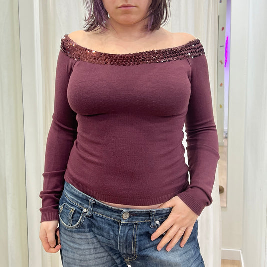 vicky 00s purple wool sweater with sequins off the shoulder trim