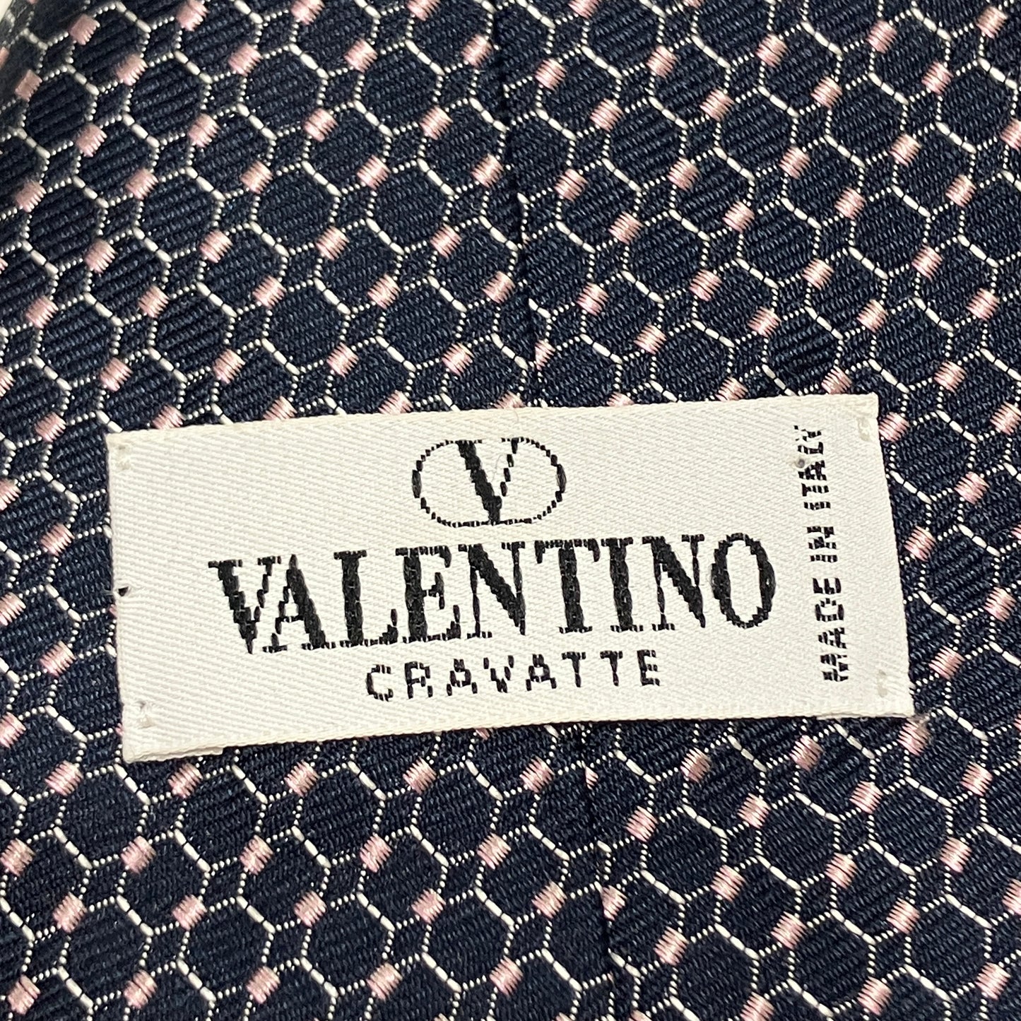 valentino 90s navy blue silk tie with light pink geometric pattern