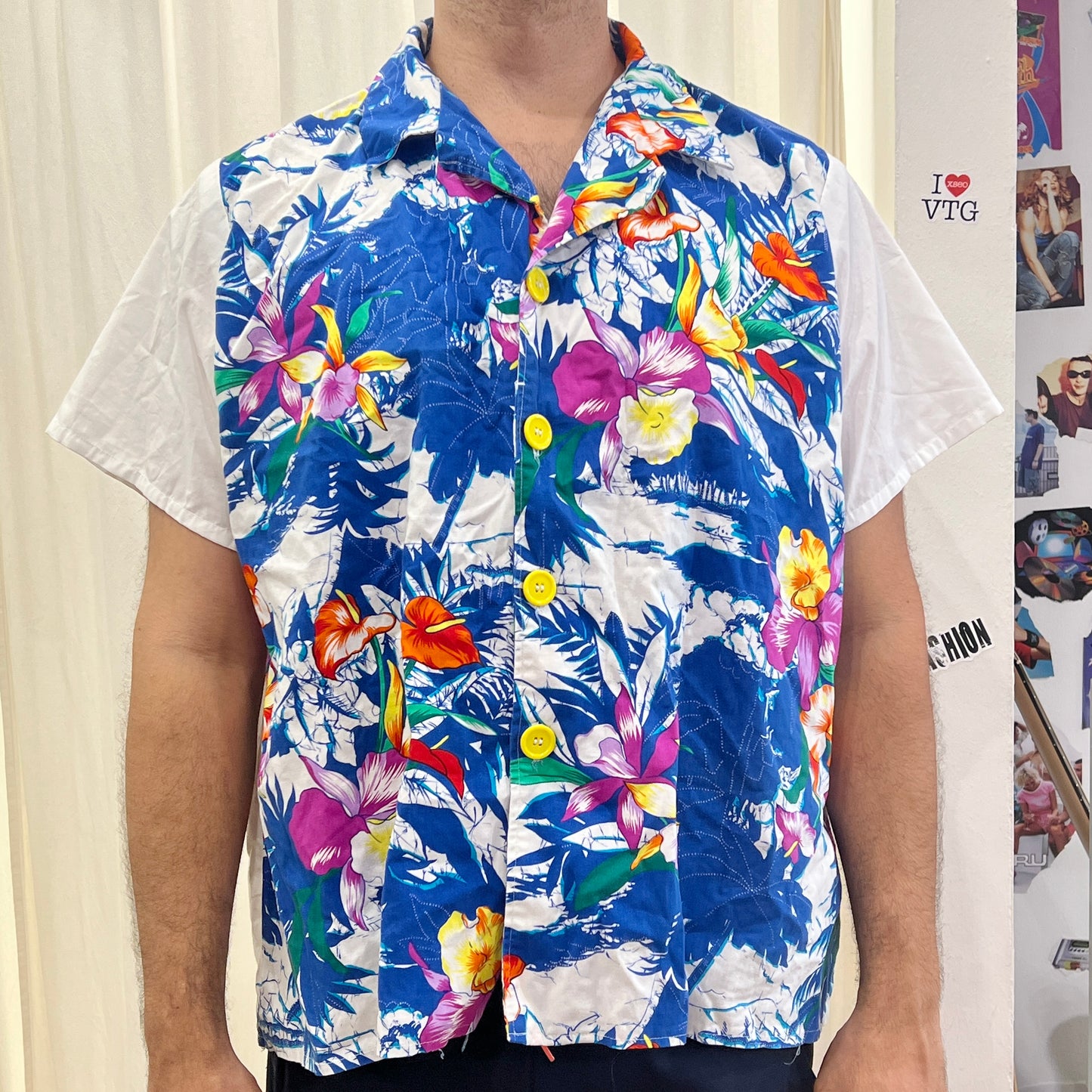 handmade 00s white blue hawaiian shirt with colorful flowers
