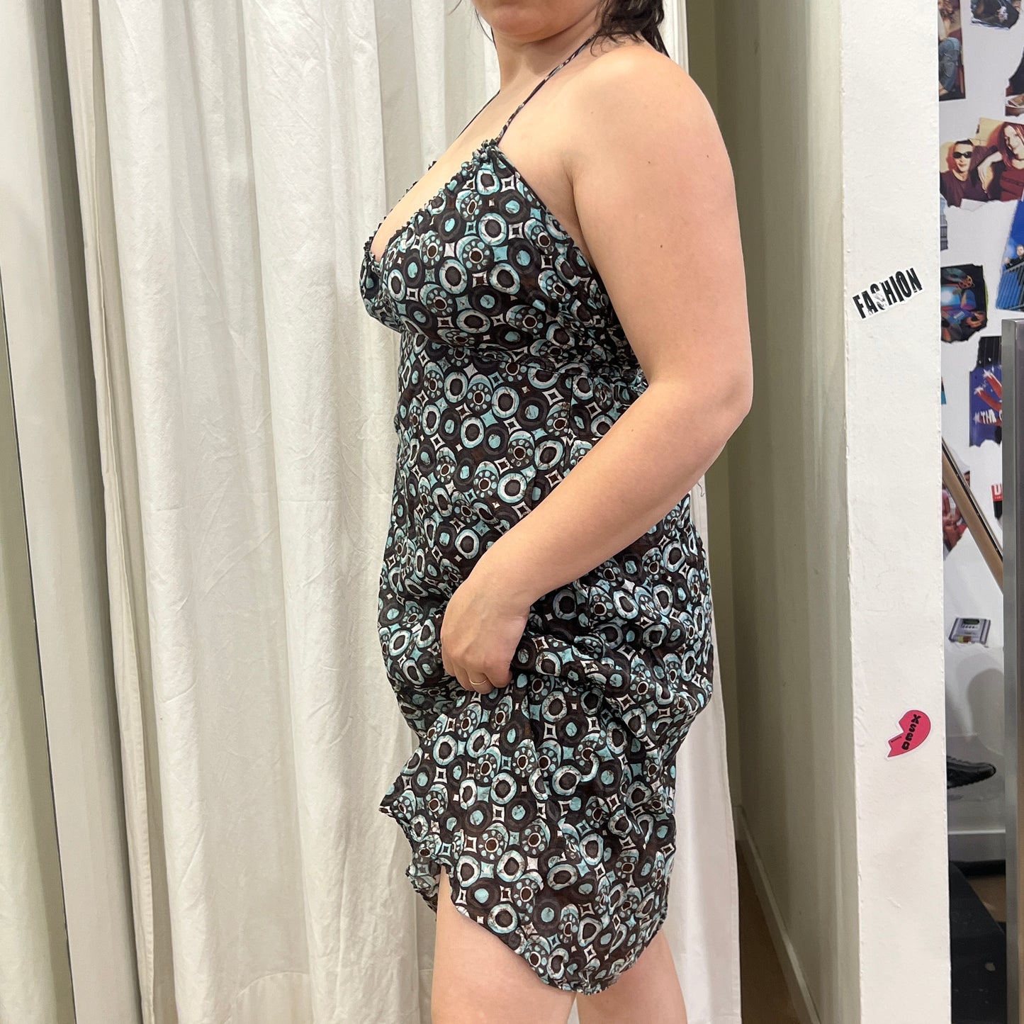 motivi 00s brown turquoise geometric print summer halter dress