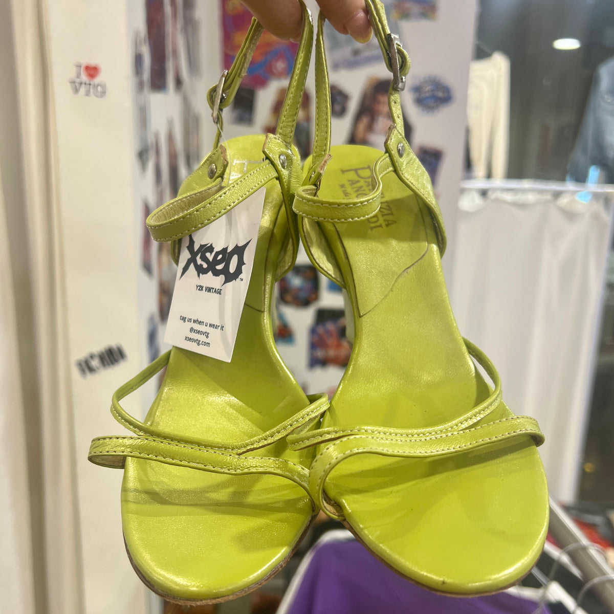 patrizia pancaldi 00s lime green leather flared heel sandals