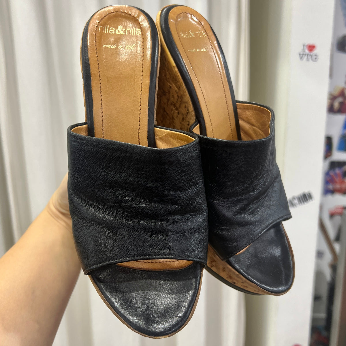 nila&nila black leather cork platform heel sandals