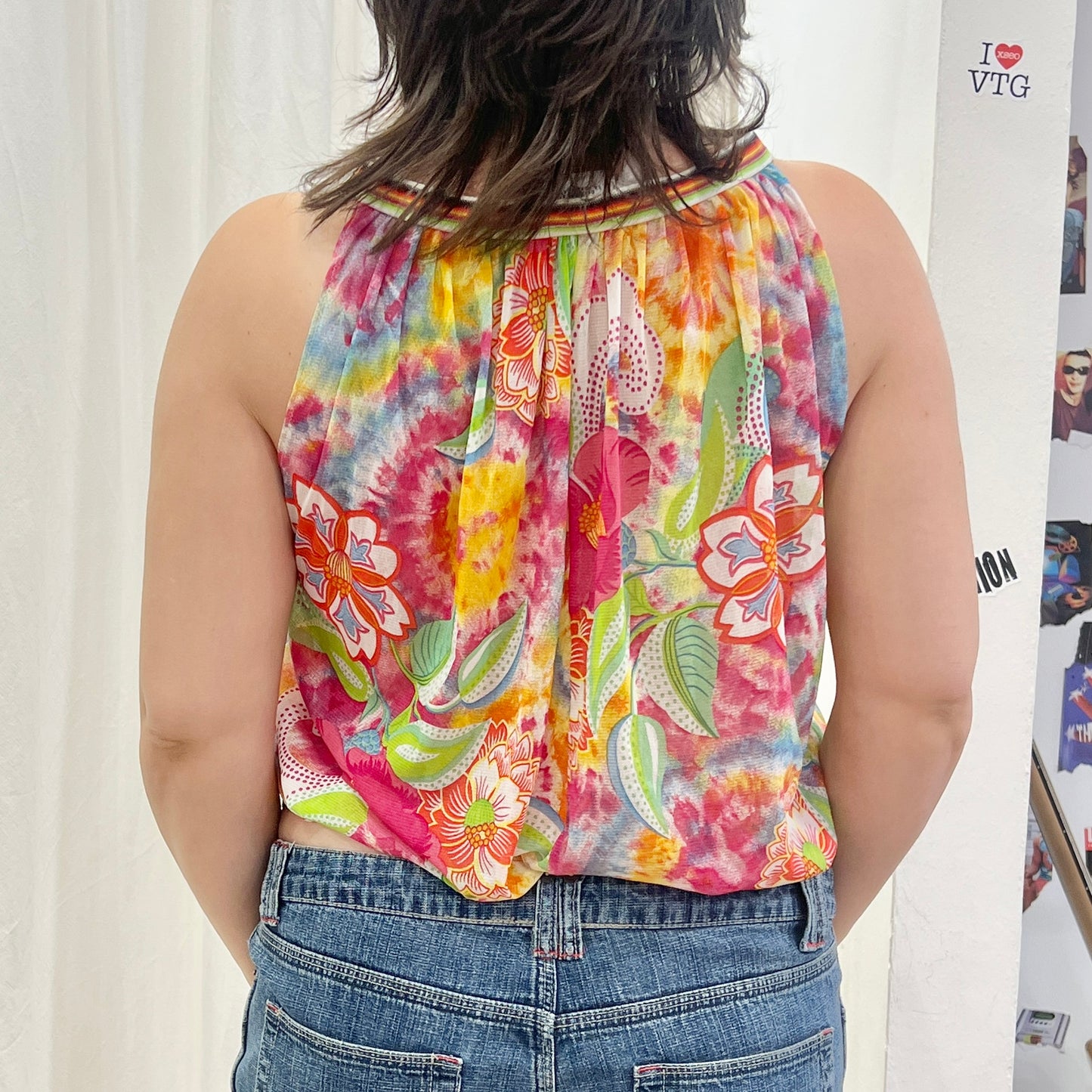 occhi verdi la perla 00s multicolor floral sheer baloon halter top
