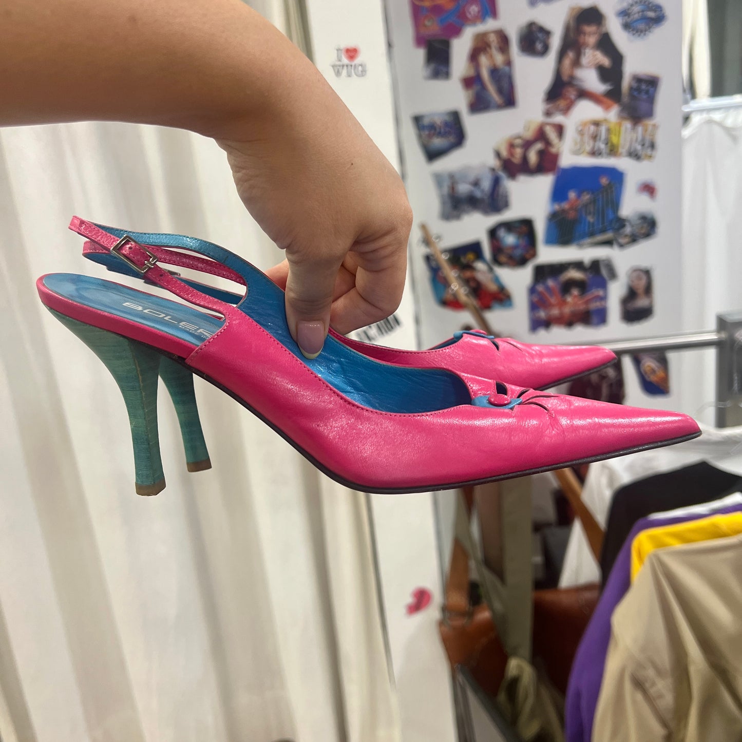 bolero 00s fuchsia blue leather pointy slingback heels