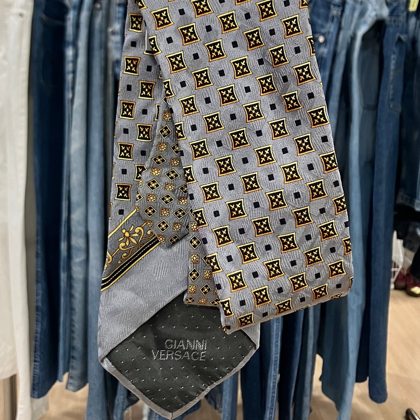 gianni versace 90s grey silk tie with gold baroque geometric print