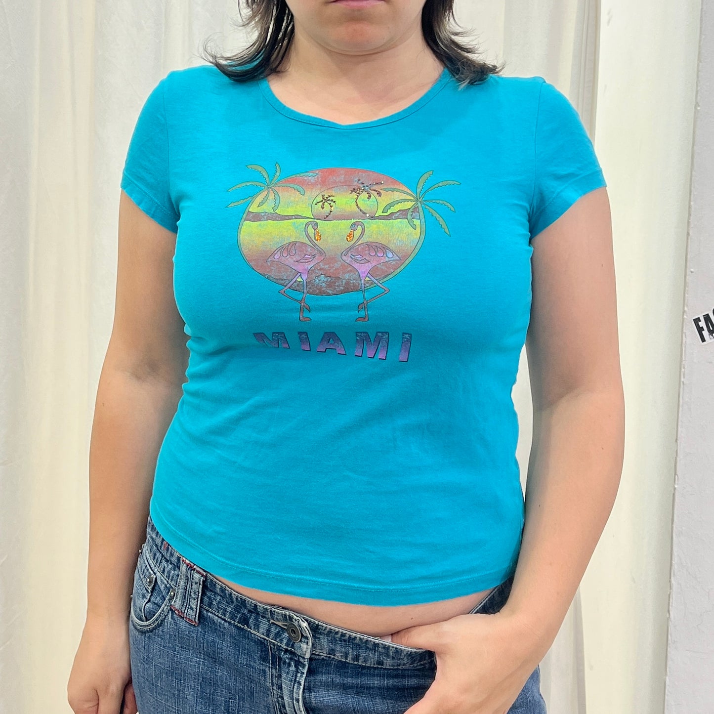 max&co 00s blue tshirt with miami flamingo sunset graphic