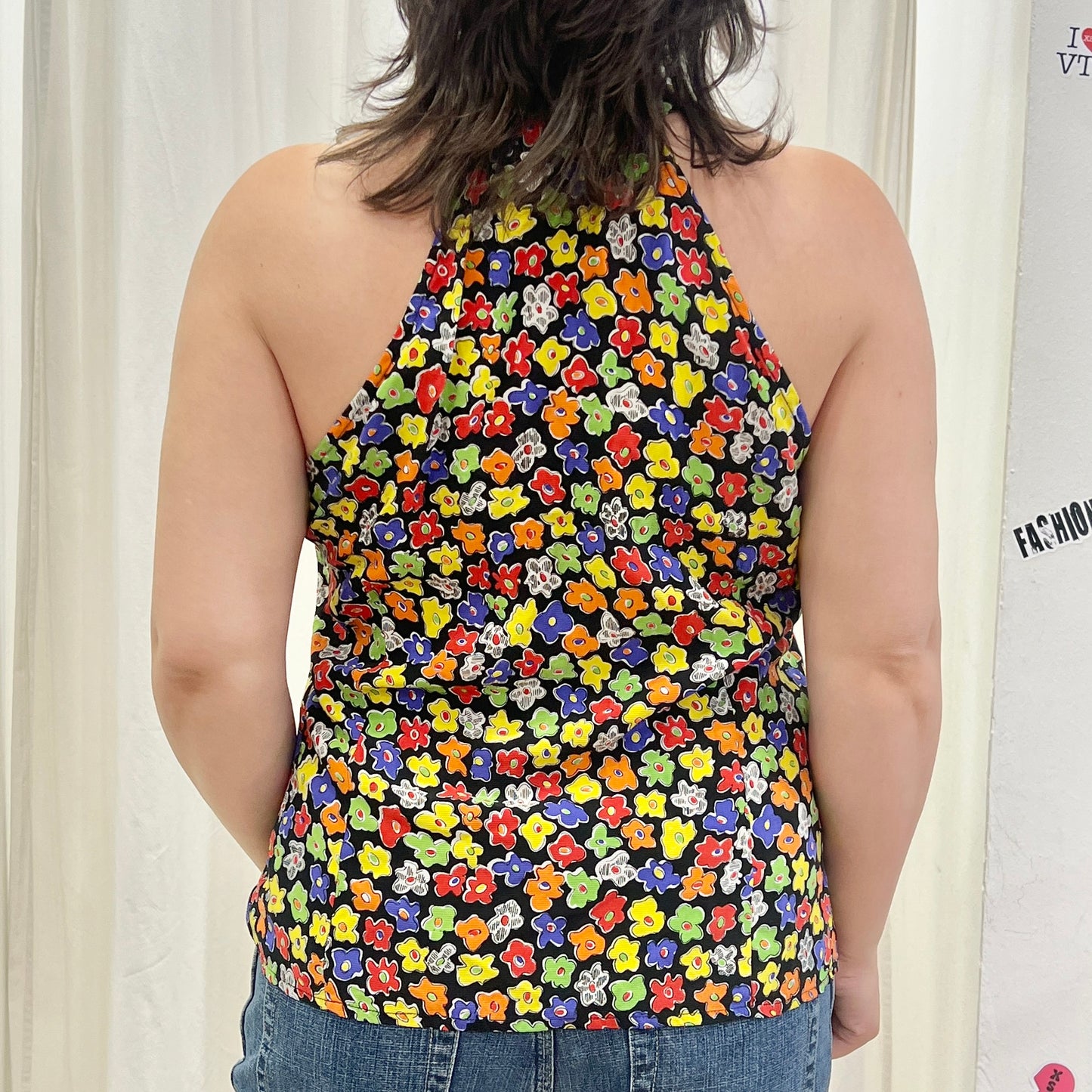 laura biagiotti bear's bazaar 90s black silk sleeveless shirt with colorful floral print