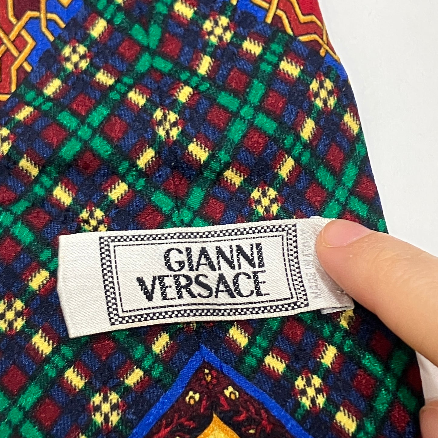 gianni versace 90s multicolor silk tie with geometric medusa print