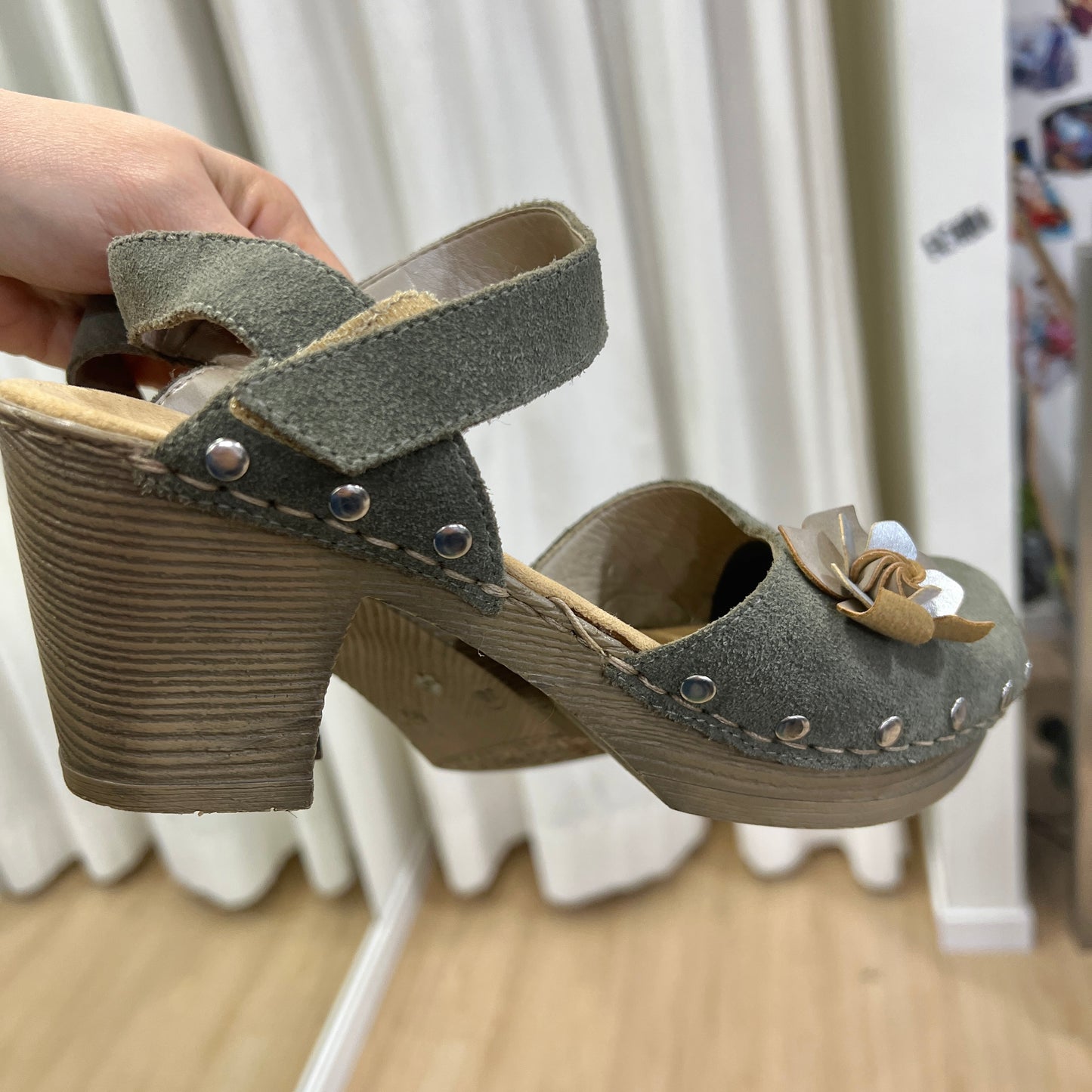 rieker 00s grey suede wooden clog heel sandals