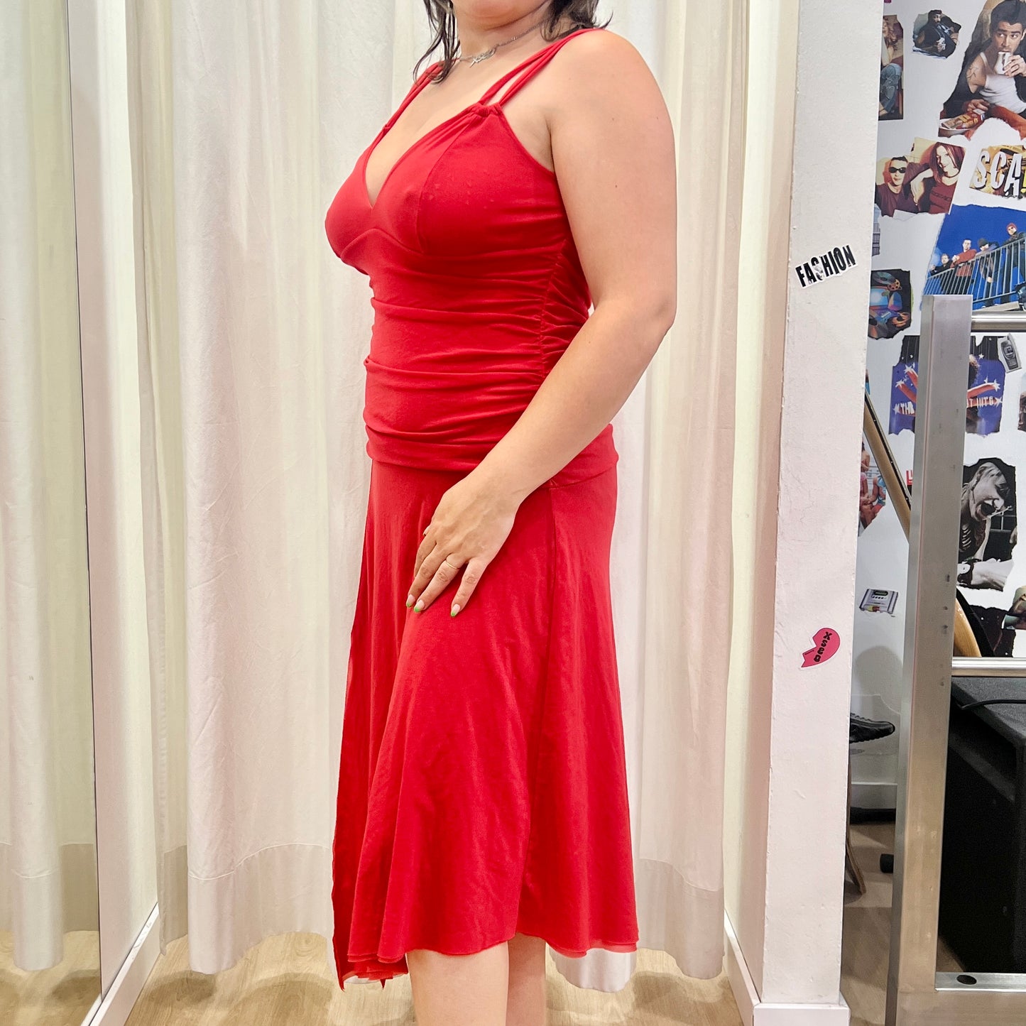 00s red mesh asymmetrical midi dress with slit